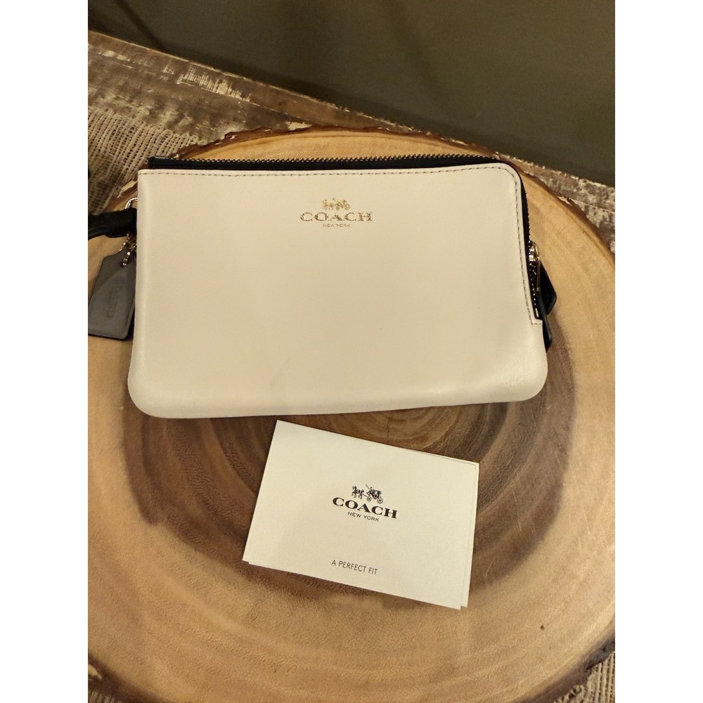 COACH Double Zip & Double Sided WRISTLET In Brown Logo Print‎ & Solid White